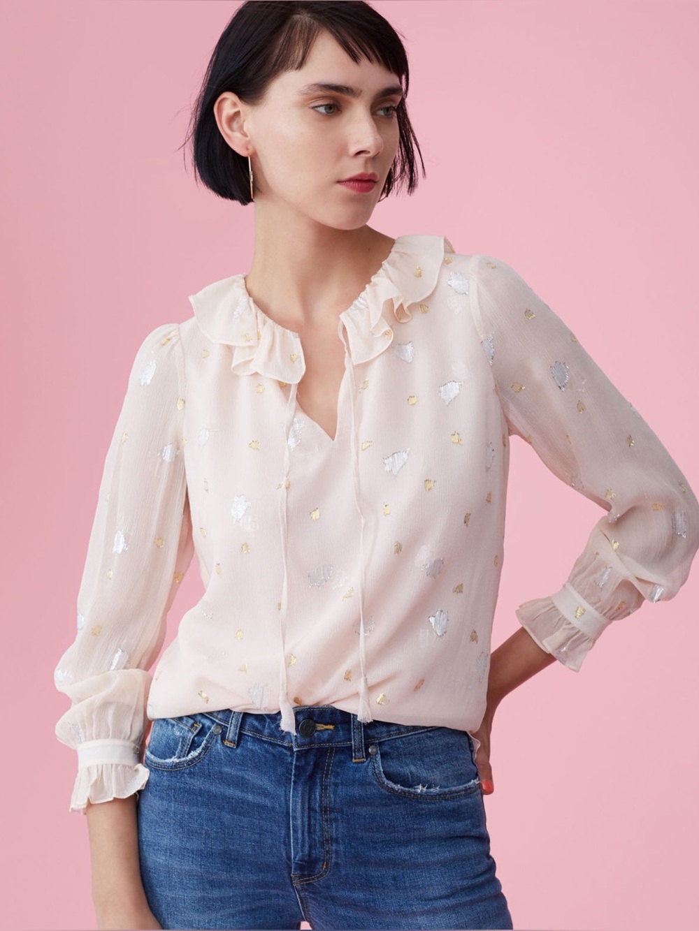 REBECCA TAYLOR SILK FLORAL SCATTERED TULIP CLIP METALLIC BLOUSE SIZE 0 NWT